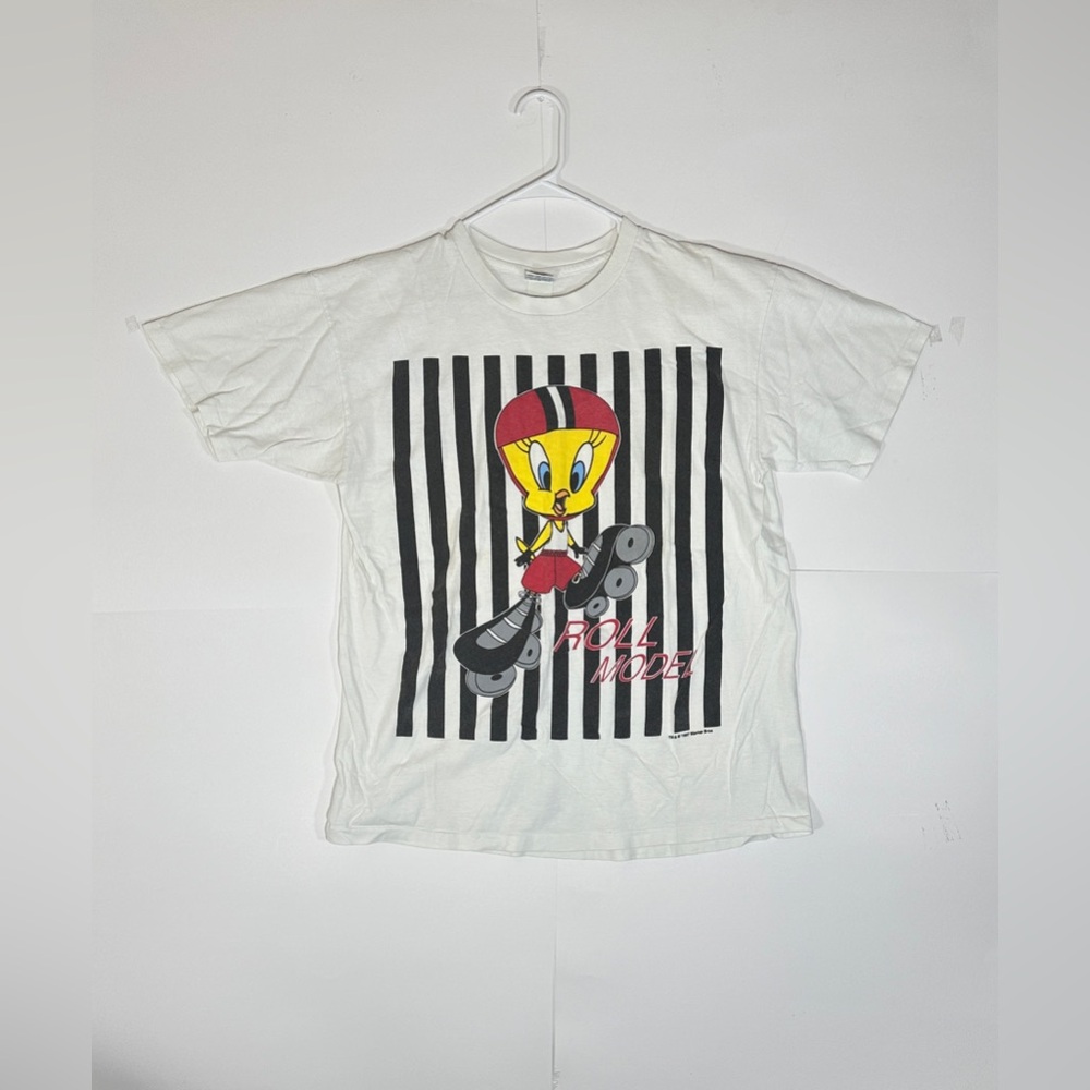 Vintage Tweety Bird Roller Skating Looney Tunes 90's Cartoon Shirt M-L White VTG